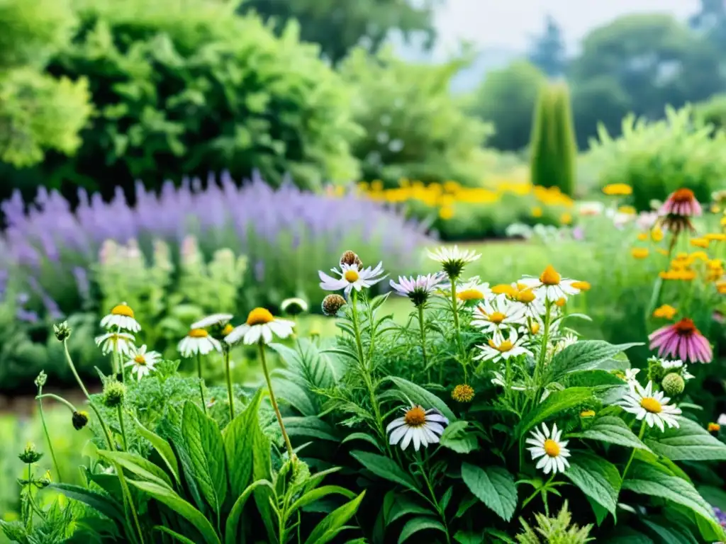 Un jardín medicinal exuberante y vibrante, con plantas como lavanda, manzanilla y menta