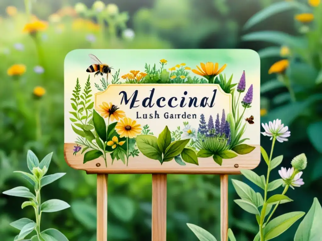 Un jardín medicinal exuberante y vibrante con plantas, un cartel de madera y vida silvestre, para 'Registro y etiquetado jardín medicinal'