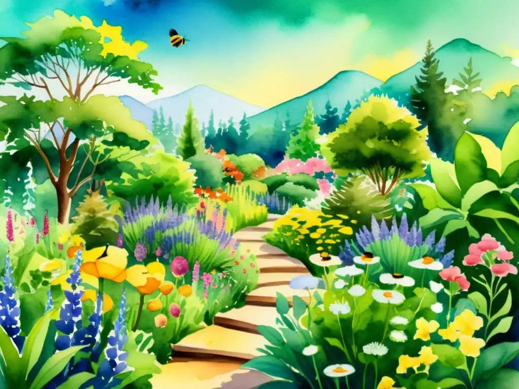 Jardín medicinal lleno de biodiversidad, coloridas plantas en flor y vida silvestre