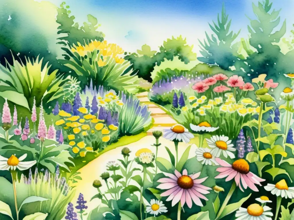 Un jardín medicinal de plantas nativas ilustrado en acuarela, con echinacea, lavanda, manzanilla y milenrama