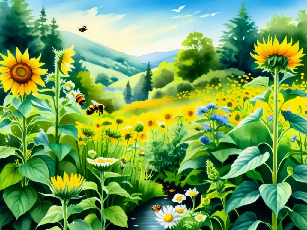 Jardín medicinal rebosante de vida y biodiversidad, con plantas, abejas y mariposas