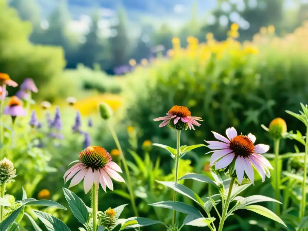 Un jardín medicinal resistente a sequías cobra vida en acuarela, con hierbas y flores vibrantes en suelo seco