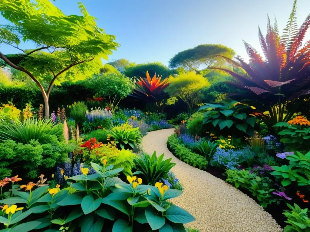 Jardín medicinal que estimula sentidos con plantas curativas, vida silvestre y tranquilidad