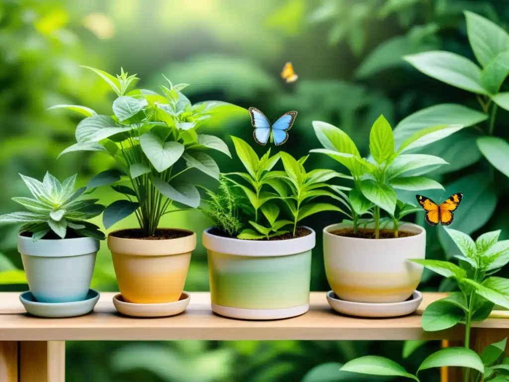 Un jardín medicinal urbano armonioso, con plantas y hierbas en macetas de acuarela, bañado por la suave luz dorada, reflejos en el arroyo, y mariposas