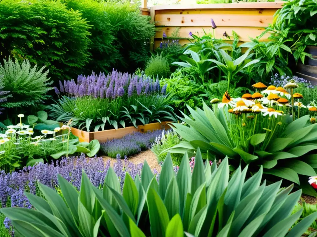 Un jardín medicinal urbano rebosante de vida vegetal diversa y vibrante, organizado con permacultura