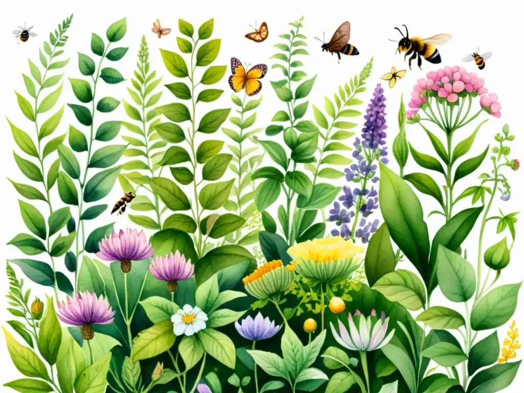 Un jardín medicinal vibrante y diverso, repleto de vida y color, resaltando la importancia de la biodiversidad en un entorno natural