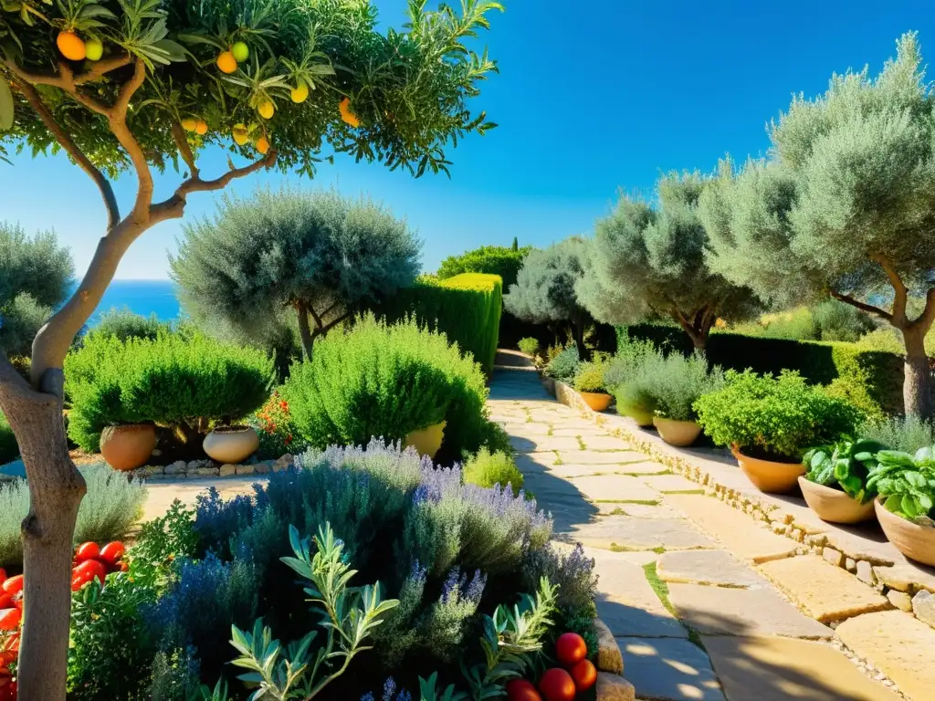 Un jardín mediterráneo exuberante con sinergia de hierbas y vegetales, bañado por la luz del sol y el mar