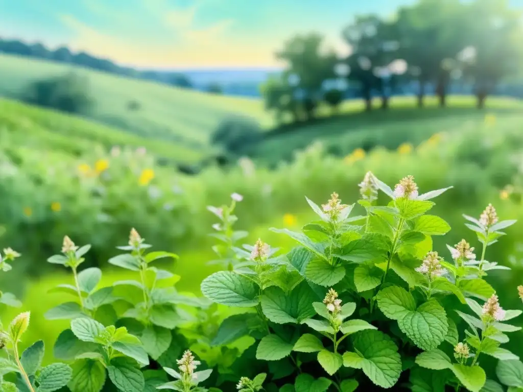 Melisa: beneficios terapéuticos de la naturaleza en acuarela, campo verde, plantas vibrantes y abejas, escena serena y reconfortante