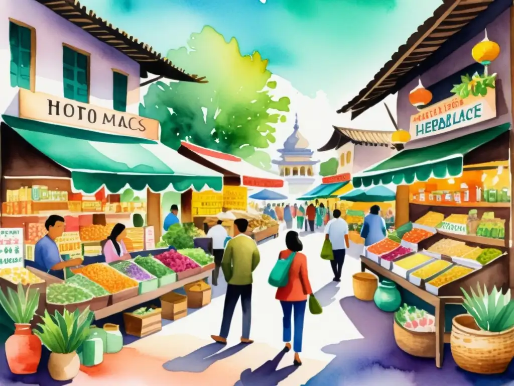 Un mercado bullicioso lleno de vendedores de remedios herbales, con coloridos puestos que anuncian variedades de fitofármacos