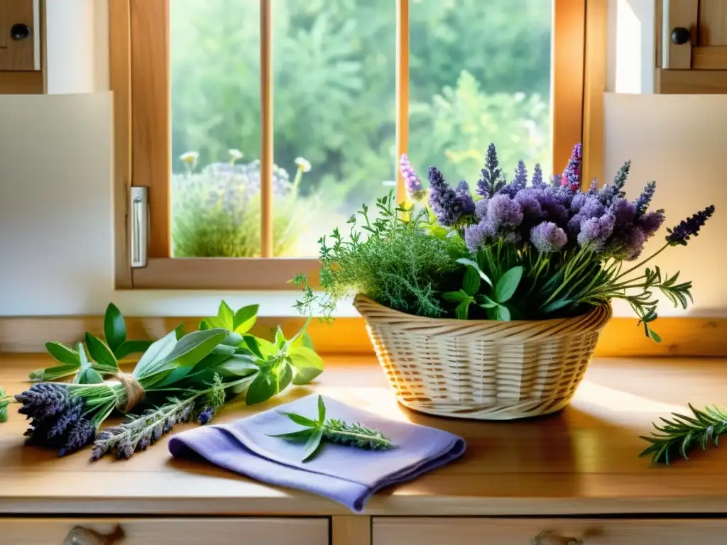 Una mesa de cocina rústica decorada con hierbas medicinales en un detallado acuarela, resaltando su belleza y potencial medicinal