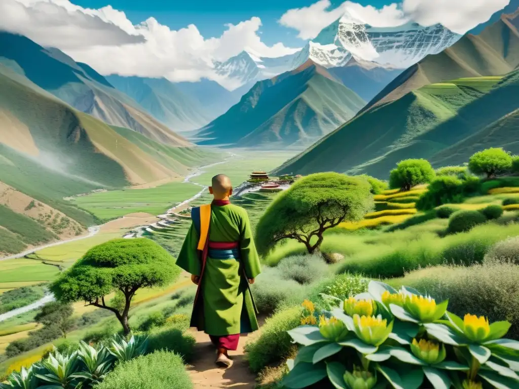 Monjes recolectando plantas medicinales en prácticas religiosas en un paisaje tibetano nevado