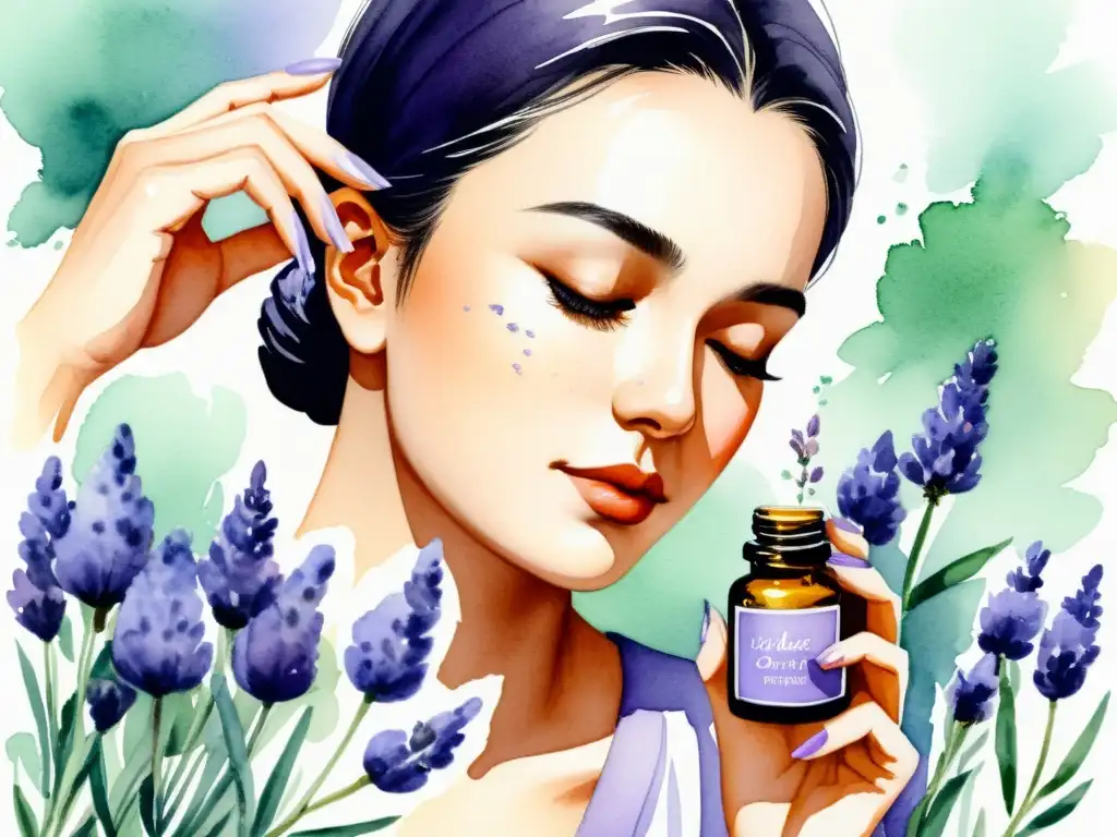 Una mujer extrae aceite esencial de flores de lavanda con delicadeza, reflejando serenidad y belleza botánica