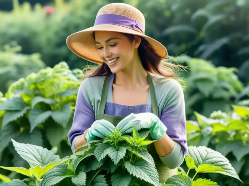 Una mujer cuidadosa cosecha ortigas en un jardín soleado, mostrando respeto por esta tesoro nutricional contra la anemia