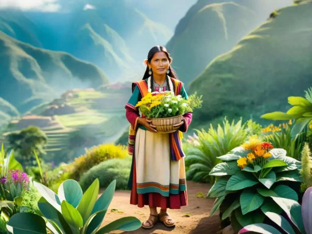 Una mujer inca de la medicina rodeada de plantas medicinales en un jardín exuberante