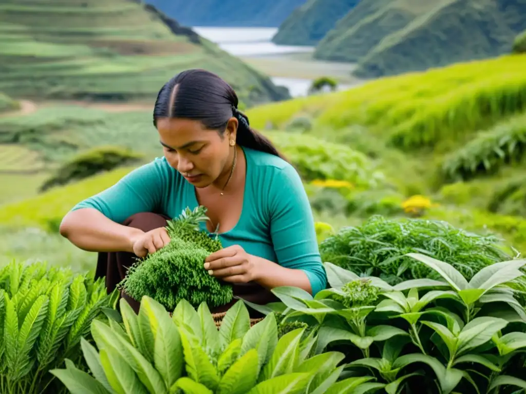 Una mujer maorí cuida con esmero hierbas medicinales en un paisaje exuberante