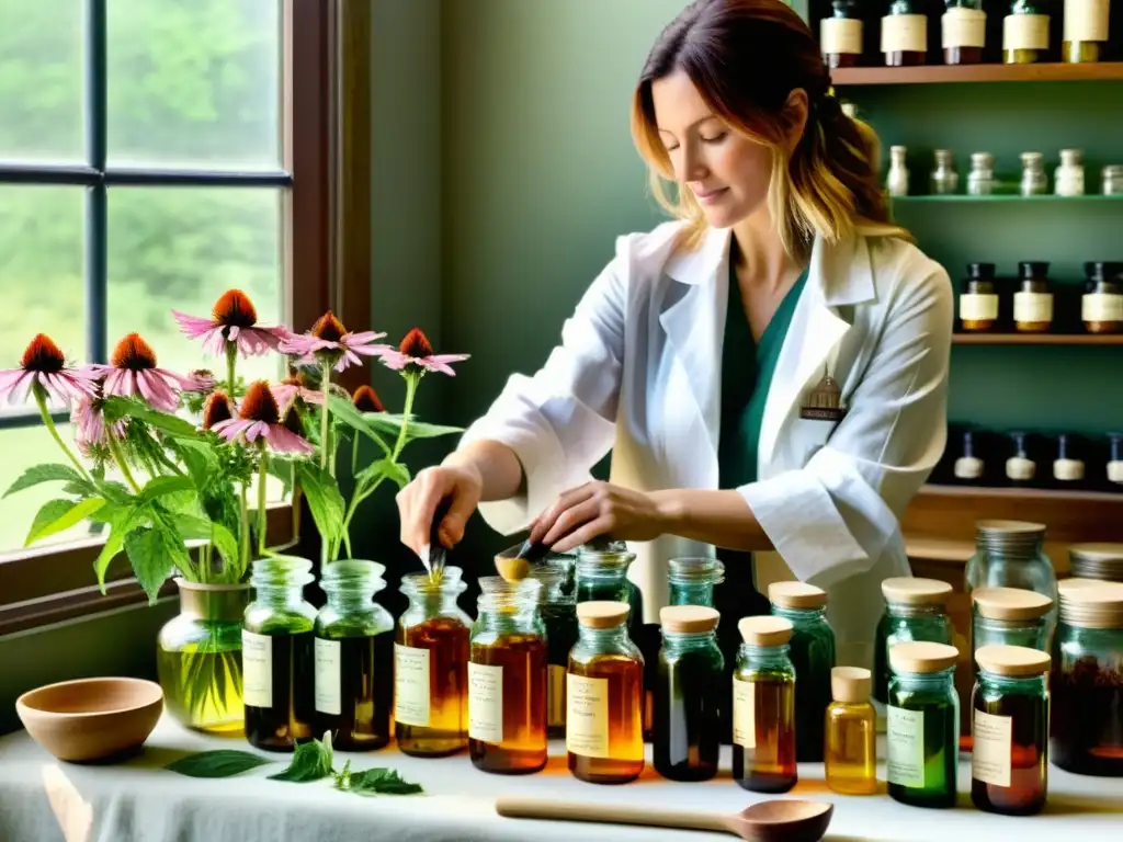 Una mujer prepara remedios caseros de equinácea en una farmacia soleada