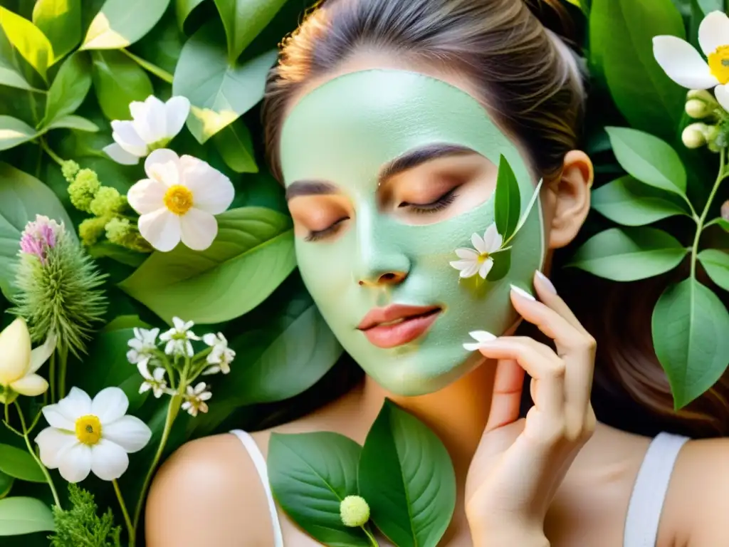 Una mujer serena aplica mascarilla facial de hierbas ayurvédicas, rodeada de naturaleza exuberante y flores