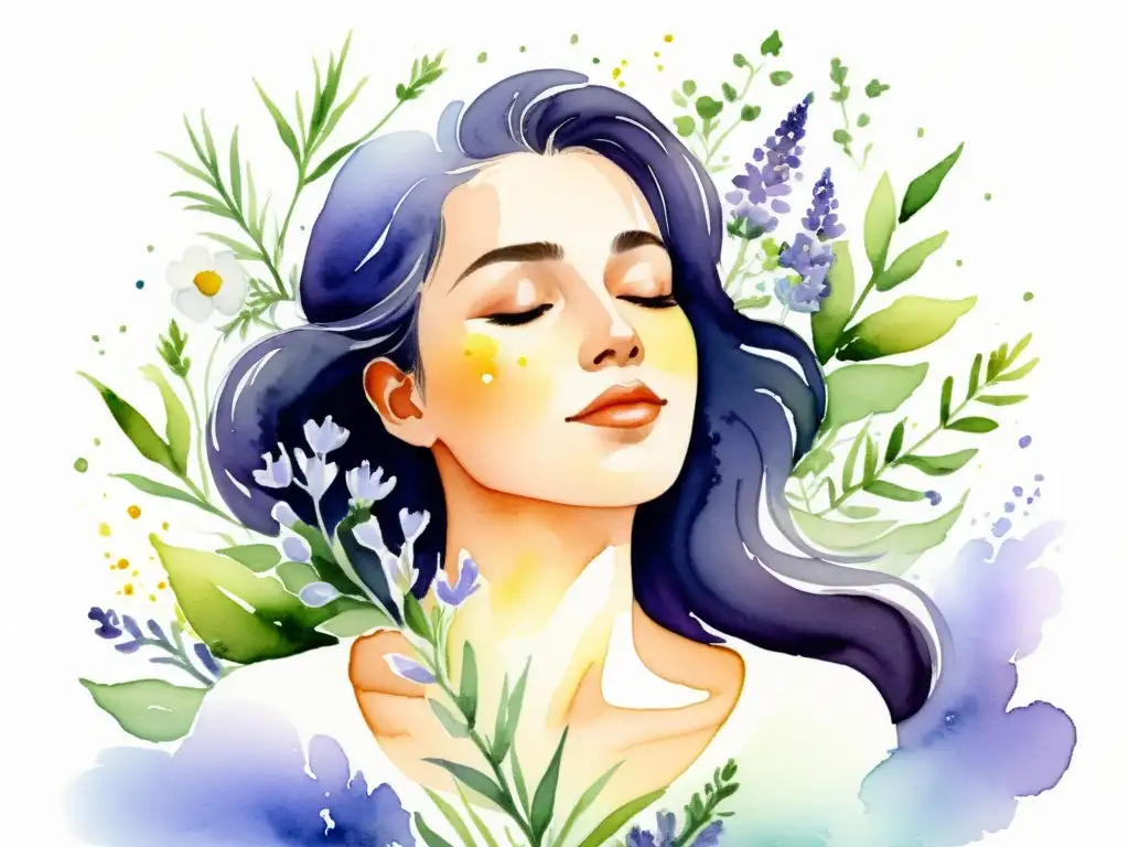 Una mujer serena rodeada de plantas aromáticas como lavanda, manzanilla y romero, disfruta de una sesión de aromaterapia para la salud femenina