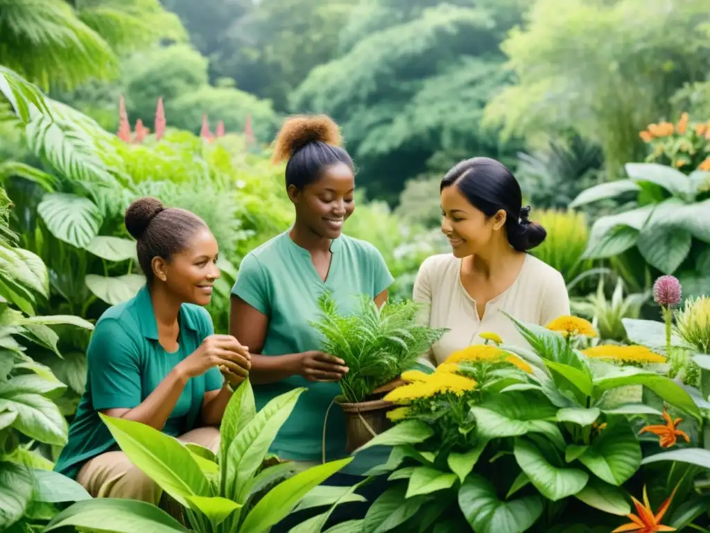 Mujeres de diferentes generaciones preservando la etnobotánica en un jardín exuberante