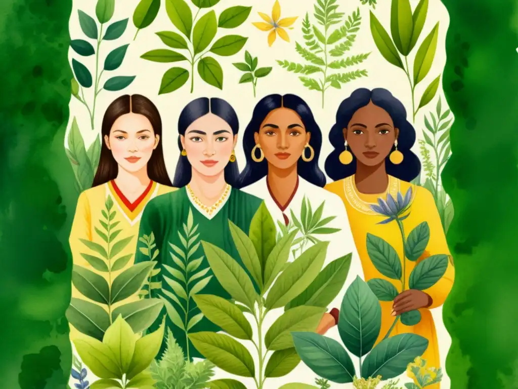 Ilustración acuarela de mujeres con hierbas medicinales Mujeres de la historia de la herbolaria unidas en ilustración acuarela, mostrando su sabiduría y fuerza en un jardín exuberante