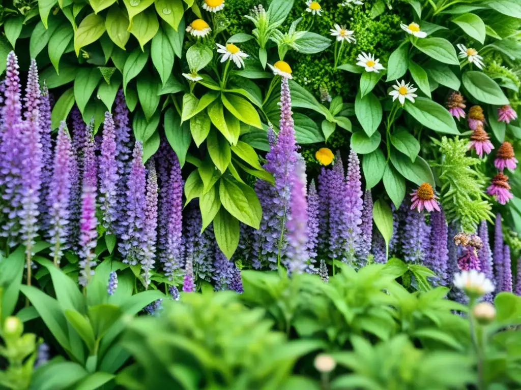 Un mural vivo de plantas medicinales en acuarela detallada, con cascadas de lavanda, manzanilla y equinácea