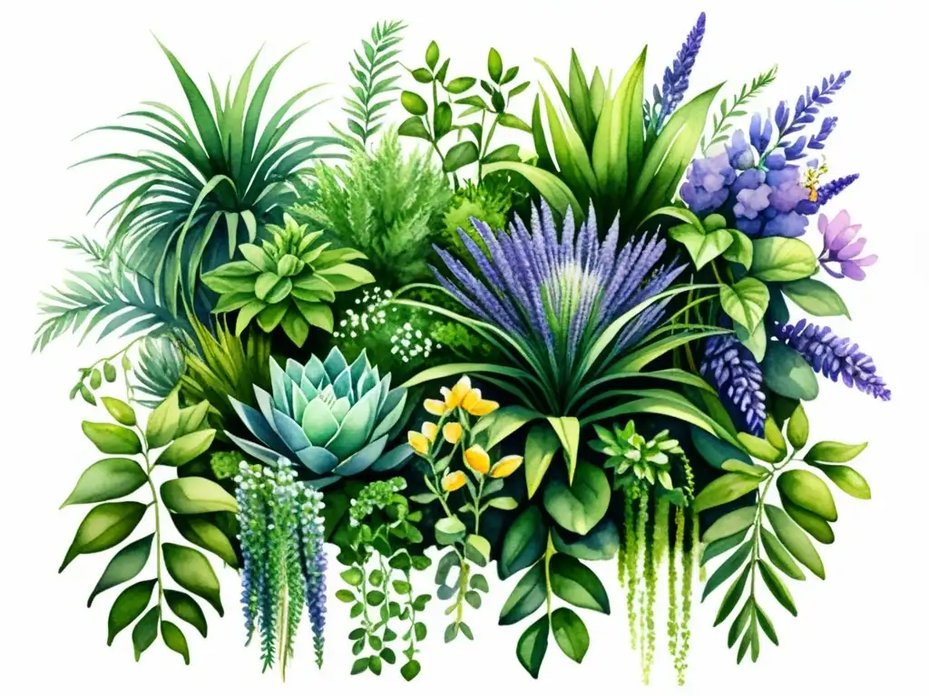 Muros vivos con plantas medicinales: ilustración de jardín vertical exuberante en pared urbana, evocando belleza natural y bienestar