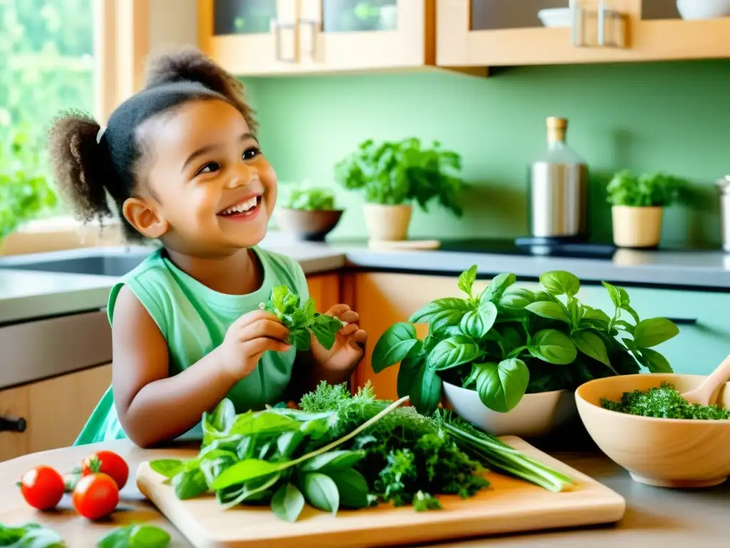 Un niño sonriente toca hierbas frescas mientras su cuidador prepara una comida saludable