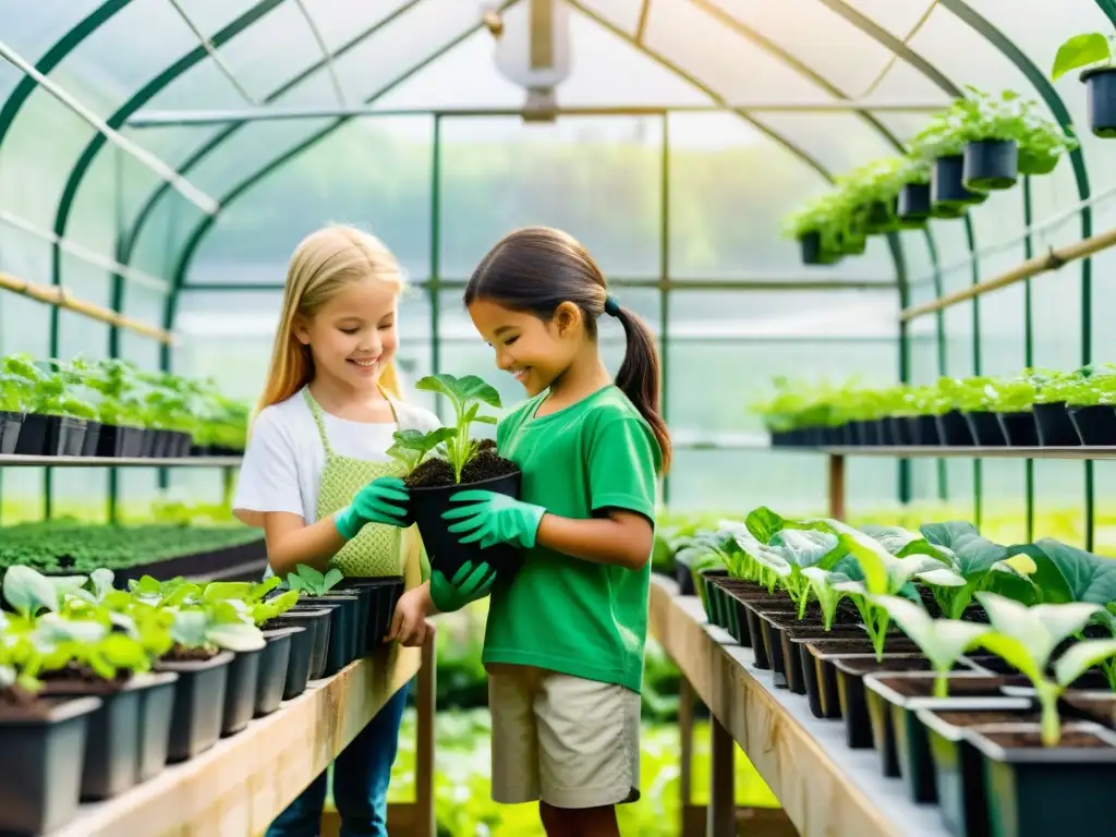 Niños felices en invernadero, cuidando plantas medicinales en cultivo hidropónico