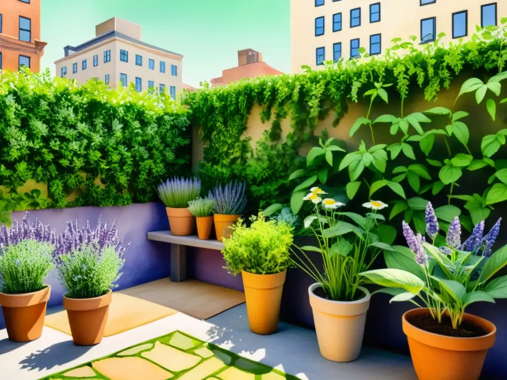 Un oasis urbano de cultivo de plantas medicinales en un patio, con una vibrante biodiversidad de colores y vida