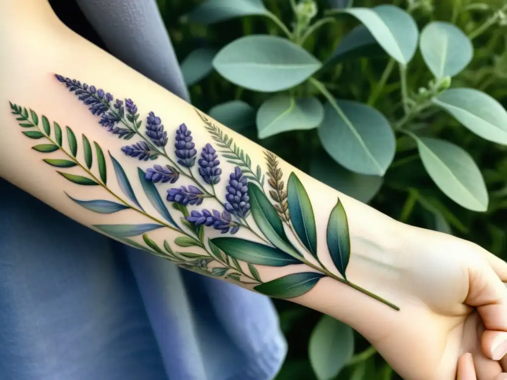 Una obra de acuarela detallada de un antebrazo con un tatuaje vibrante de plantas medicinales como lavanda, manzanilla y eucalipto