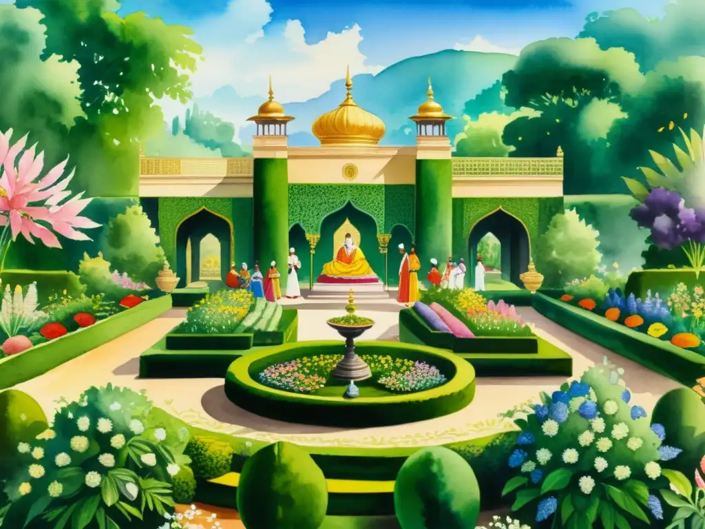 Cuadro acuarela de escena real en jardín con hierbas Obra de acuarela lujosa de la Corte Real, con aristócratas y royals rodeados de exuberantes jardines y consultando a un herbolario