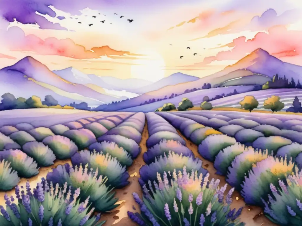 Obra de arte en acuarela de un apacible campo de lavanda al atardecer, con filas de flores moradas vibrantes que se extienden hacia el horizonte