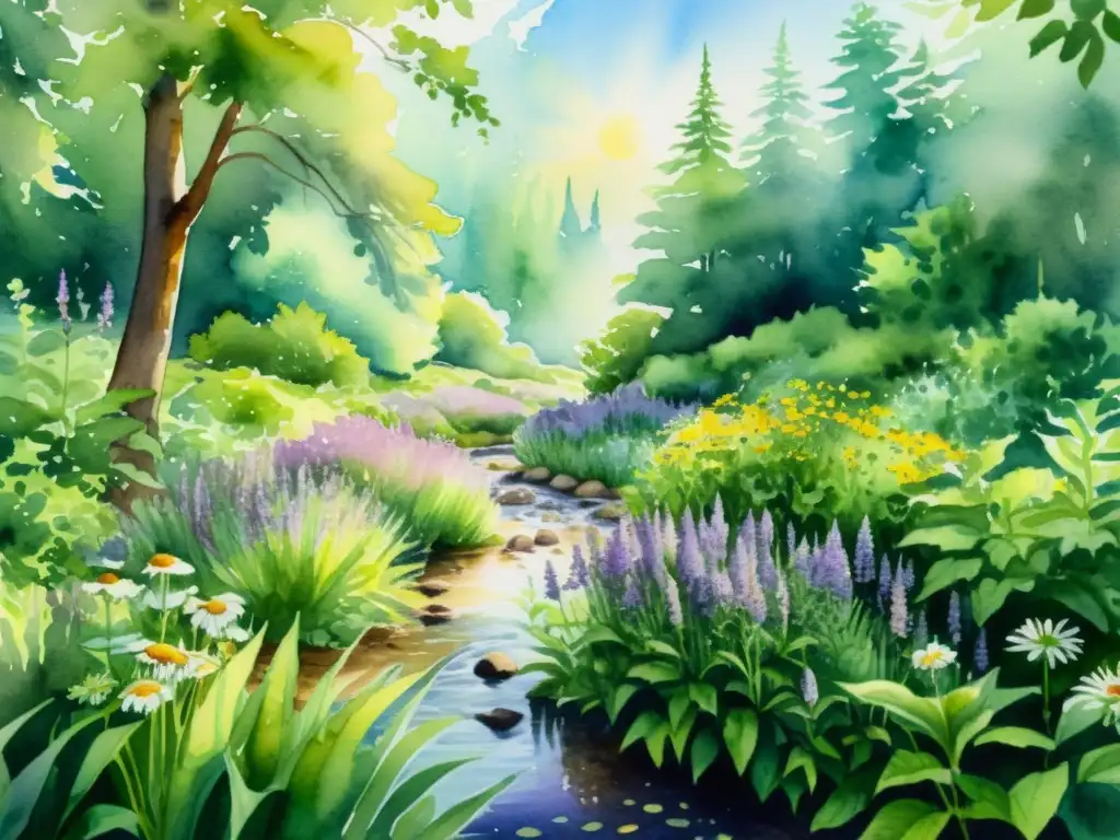 Obra de arte detallada en acuarela 8k de un sereno bosque con plantas medicinales, aplicaciones terapéuticas en naturaleza curativa