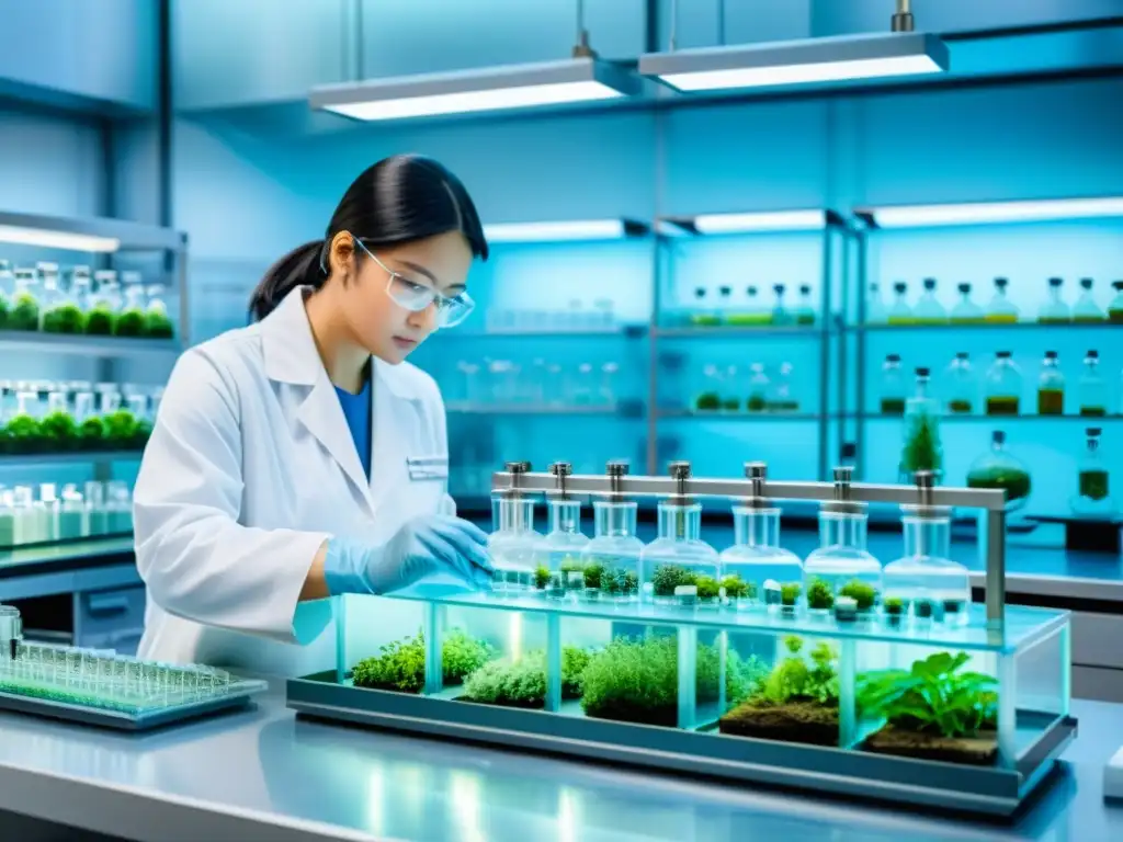 Obra detallada de laboratorio, con científicos cuidando el germoplasma de plantas medicinales en un ambiente etéreo