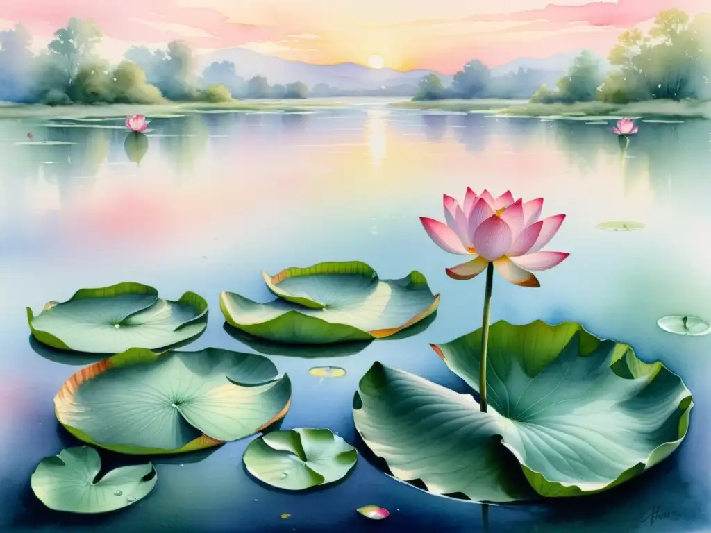 Un paisaje de acuarela sereno con un estanque tranquilo y flores de loto rosadas en plena floración