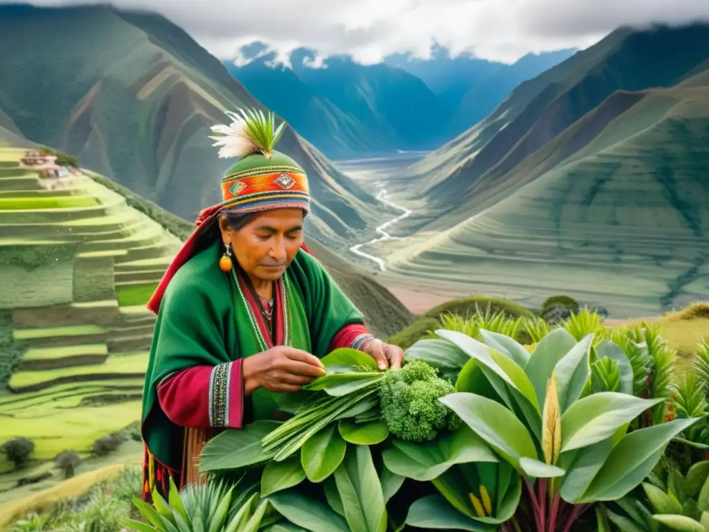 Un paisaje andino exuberante con una curandera Aymara recolectando hierbas de uncía, rodeada de biodiversidad