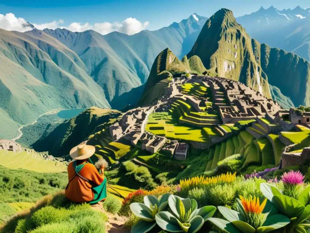 Un paisaje andino exuberante con plantas medicinales incas y montañas majestuosas