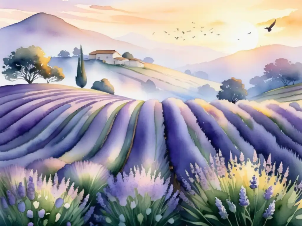 Paisaje de campo de lavanda al amanecer, transmitiendo calma y belleza natural, ideal para el funcionamiento de los aceites esenciales