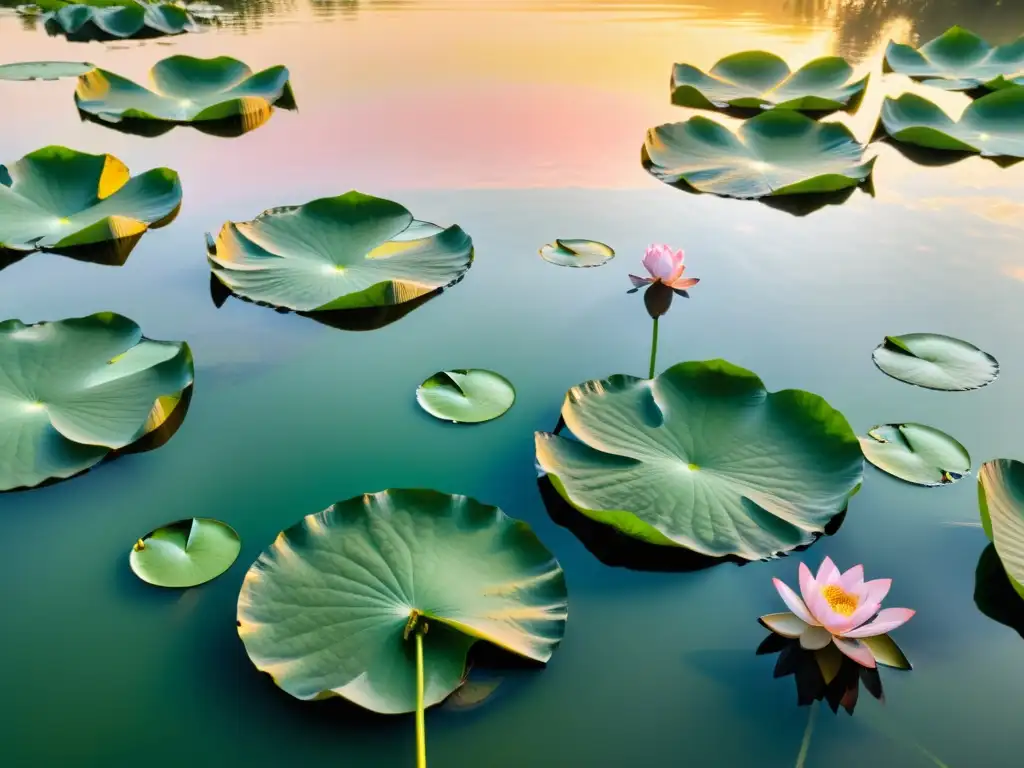 Un paisaje sereno al amanecer muestra un estanque de lotos rosados en plena floración