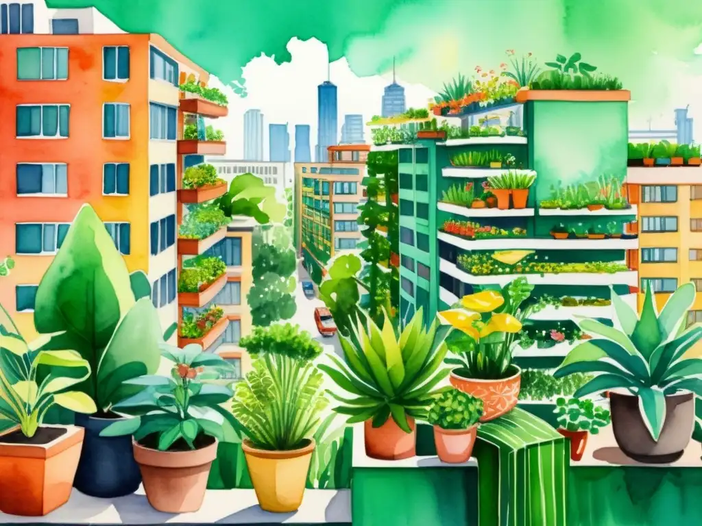 Un paisaje urbano bullicioso con plantas curativas integradas en entornos urbanos