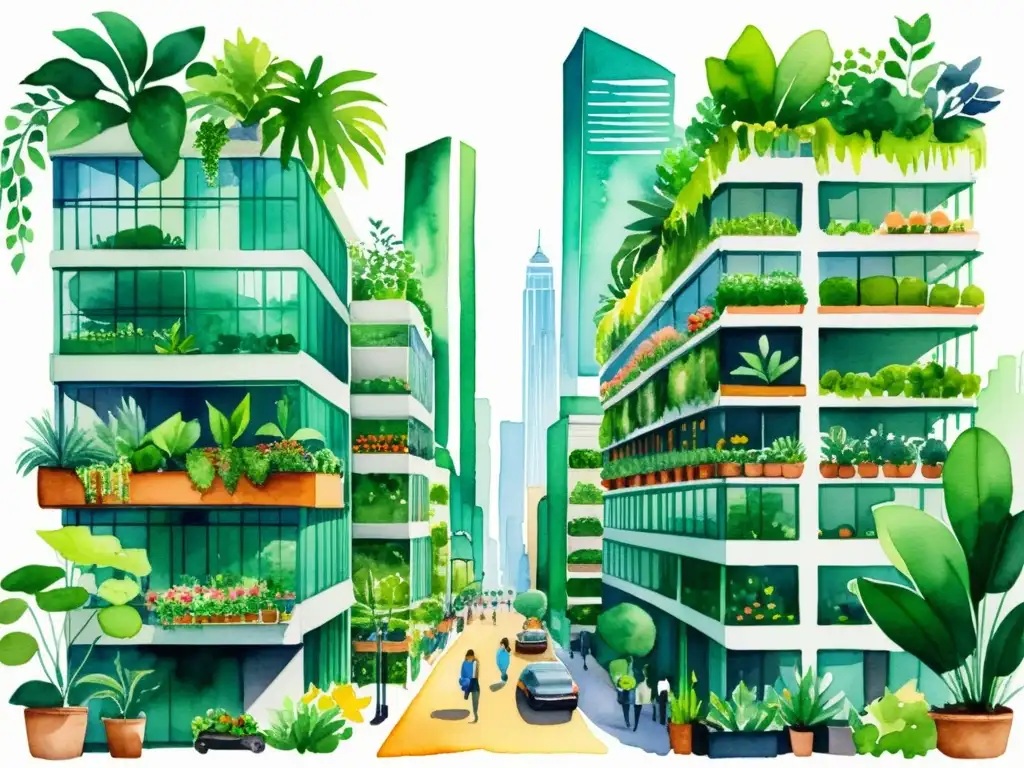 Un paisaje urbano lleno de rascacielos con jardines verticales exuberantes y plantas medicinales