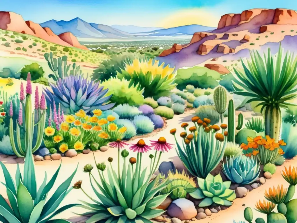 Un jardín de permacultura en clima árido, con plantas medicinales, cactus y suculentas