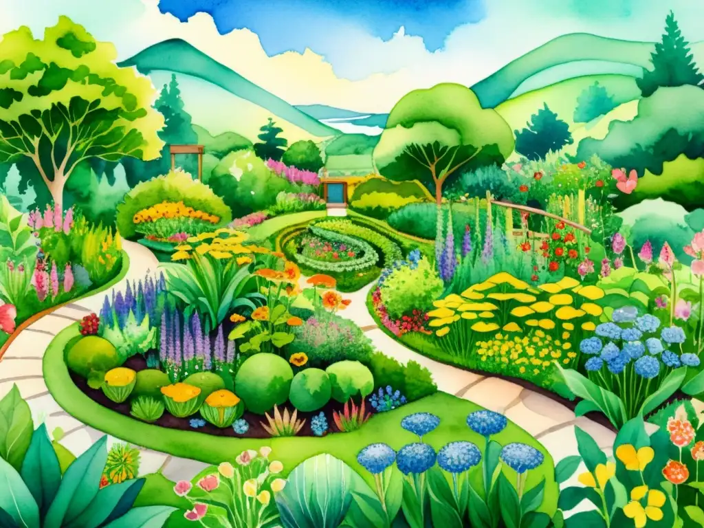 Un jardín de permacultura con plantas medicinales, ilustrado en acuarela detallada con senderos sinuosos y vida silvestre