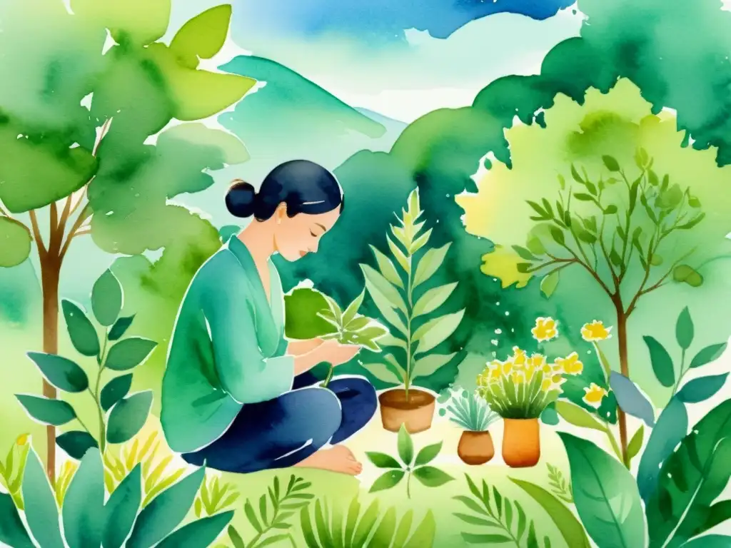 Preparación serena de plantas medicinales en la naturaleza Persona en armonía preparando y consumiendo plantas medicinales en la naturaleza serena