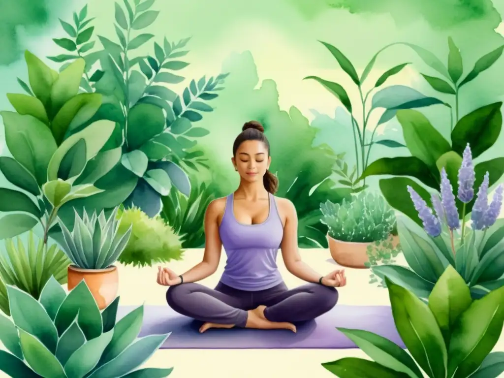 Una persona medita en un estudio de yoga rodeado de plantas medicinales para limpiar aura, en una acuarela serena y sanadora