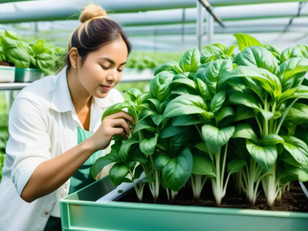 Persona cosechando hojas de albahaca en sistema hidropónico