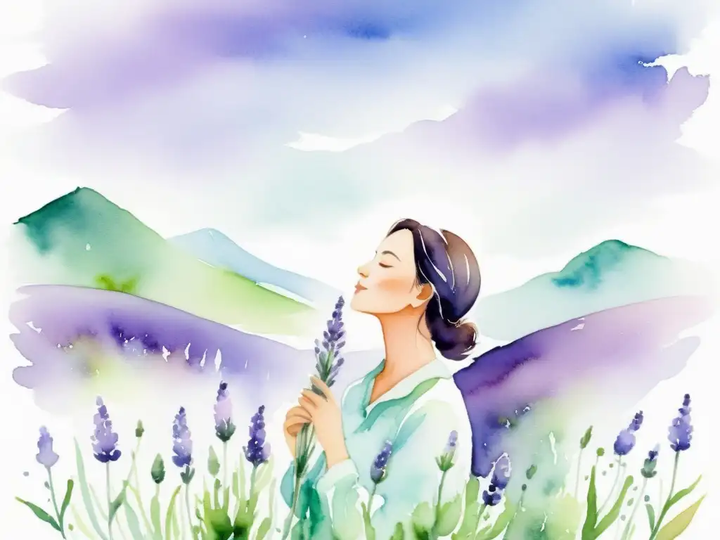 La persona disfruta de la influencia de los aromas en psicoaromaterapia, inhala el aroma de un campo de lavanda en una ilustración acuarela serena