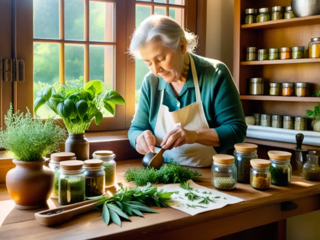 Retrato detallado de un anciano preparando hierbas con precisión y concentración Una persona mayor prepara y dosifica hierbas con precisión en una pintura detallada de acuarela