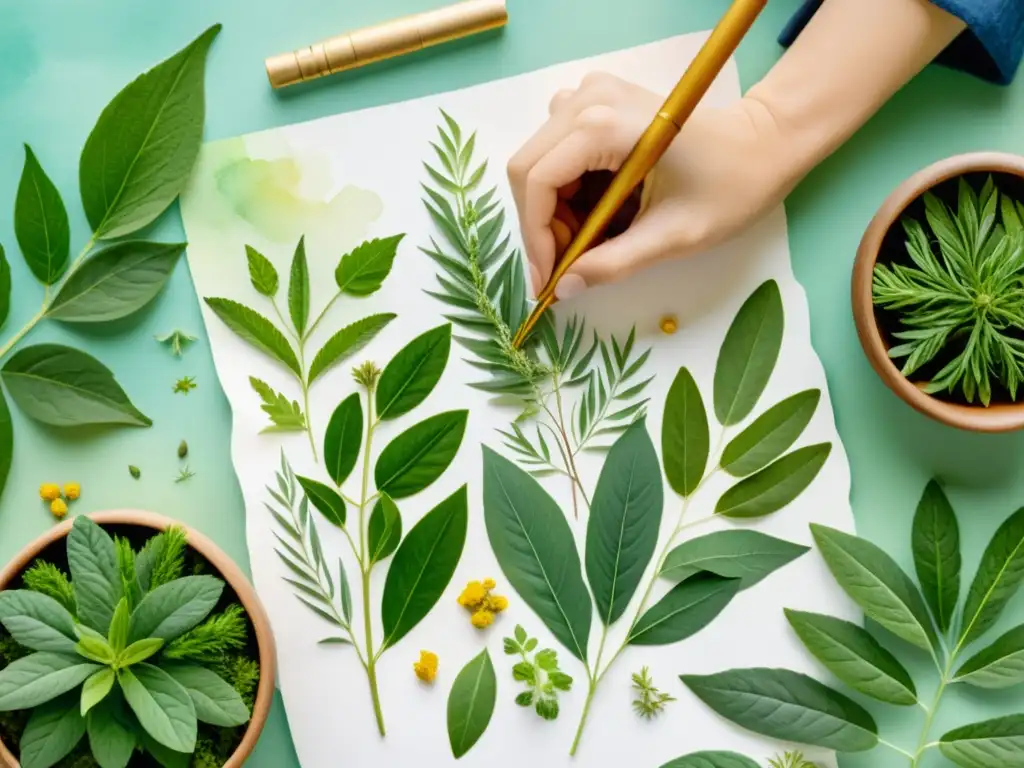 Persona preparando microdosis de plantas medicinales con cuidado y responsabilidad en acuarela serena