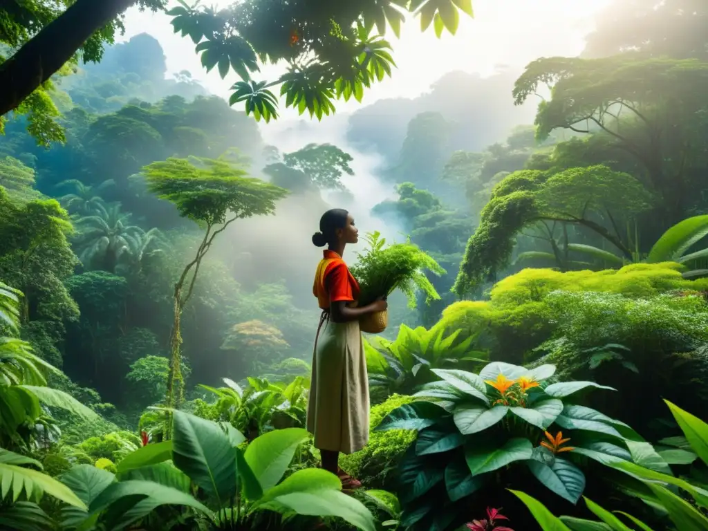 Persona recolectando plantas medicinales en exuberante selva